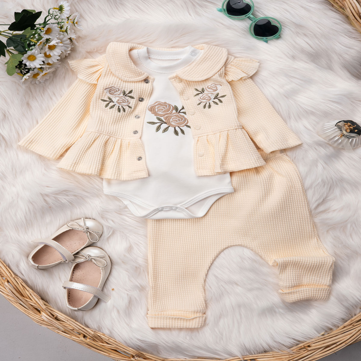 1462 GÜL NAKIŞLI FIRFIRLI ÜÇLÜ TAKIM