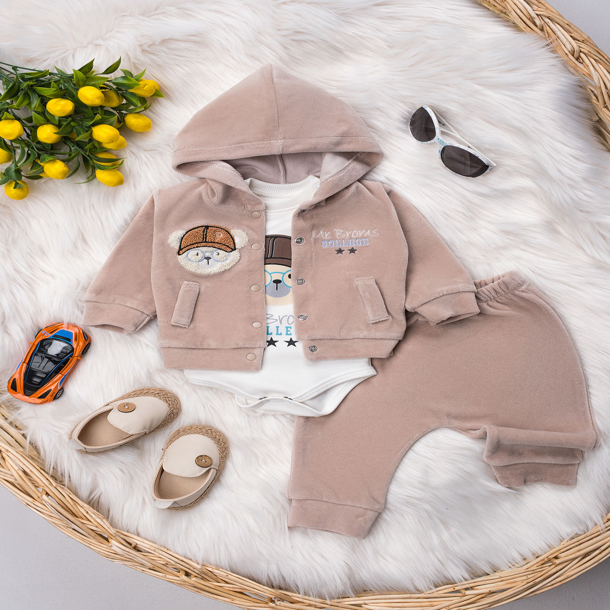 1419 ŞAPKALI AYI KADİFE ÜÇLÜ TAKIM