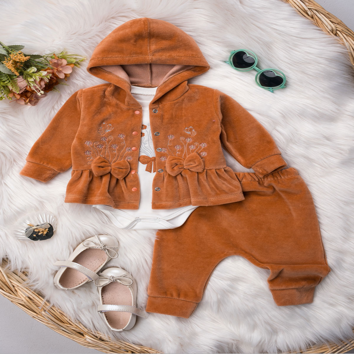 1415 TÜLLÜ ÇİÇEK KADİFE ÜÇLÜ TAKIM